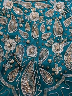 Vintage Lawrence Kazar Silk Beaded Cocktail Dress Teal Luxe Embellished Evening